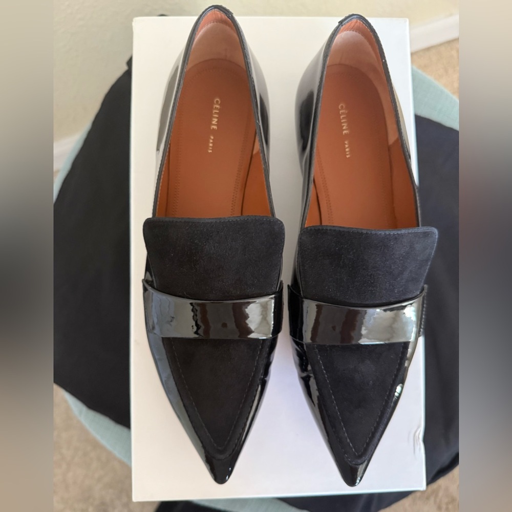 celine patent leather/suede loafers in black. size 37.